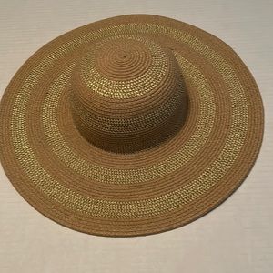 Tan and gold straw beach hat